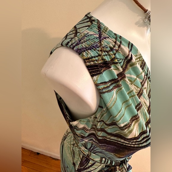 Kasper Beautiful Colors Peacock Feather Maxi V Neck Tie In Front Dress SZ PM - Picture 7 of 13